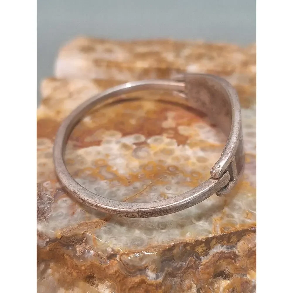 Vintage 925 Sterling Silver Southwestern Inlay Hinged Bangle Bracelet- As Found!